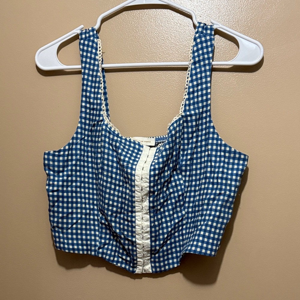 Stylish Blue Checkered Tank Top with Cream Trim